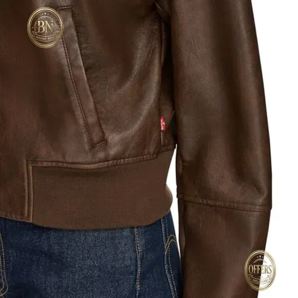 Faux Leather Bomber Jacket with Laydown Collar and Adjustable Cuffs